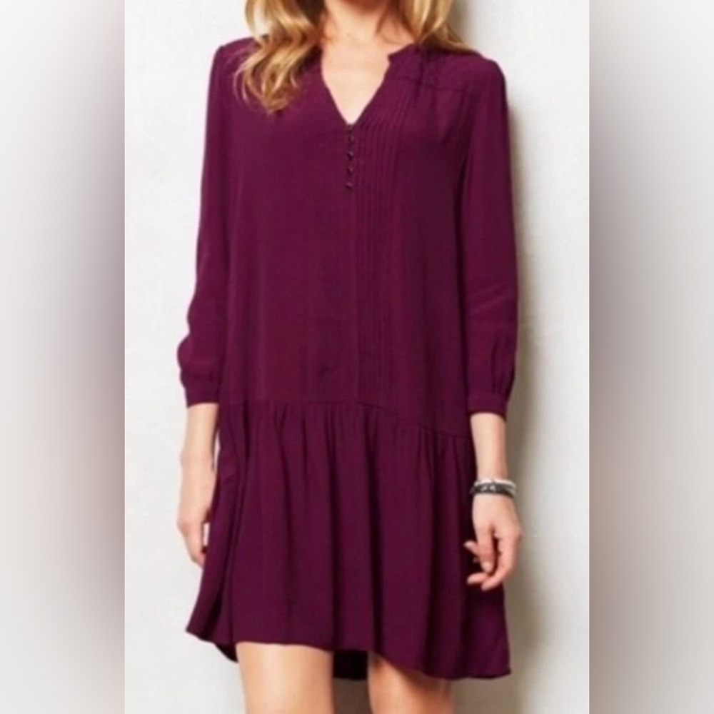 Maeve (Anthropologie) Galina plum tuxedo pleat (front & back) drop waist midi. M